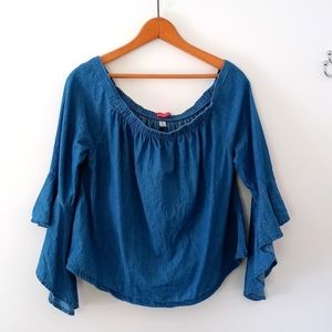Audrey Lane size L boho blue chambray flutter cuff 3/4 sleeve top